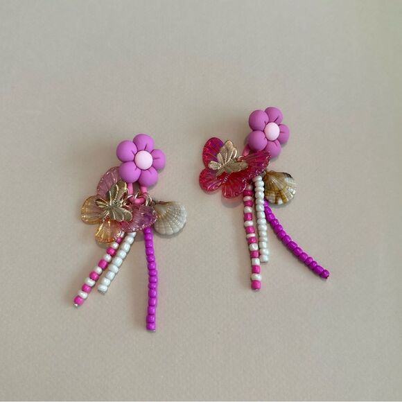 Boho pink flower earrings M704 - Picture 1 of 4